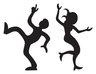 A young cartoon couple in silhouette are dancing the night away
