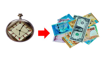        image of a proverb time-money with a pocket watch and a stack of banknotes