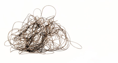 a bundle of tangled black threads on a white background concept of a confusing situation, mock up...