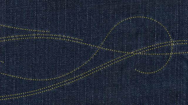 Animation of embroidery sewing. Loop section from 14:00 to end. Stitches on denim jeans fabric in curve and spiral patterns.