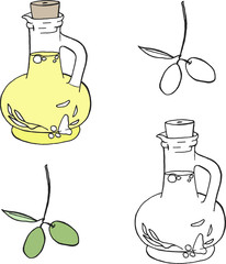 Vector Illustration of oil in the bottle and a pair of olives, in outlines black and white and colorized. Simple isolated objects for design of prints.