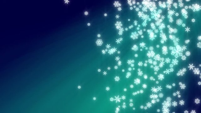 Christmas snowflakes loop, aqua blue version. Holiday background of snow falling on the right side, with copy space on the left. In 4K and HD.