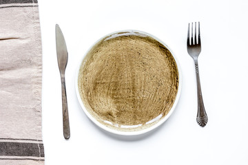 ceramic tableware top view on white background mock up