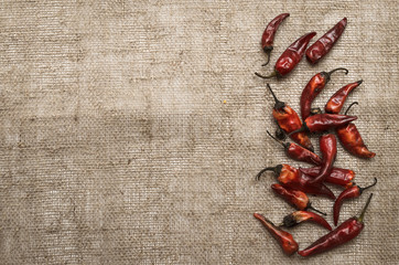 Dry red chili pepper scattered on sackcloth background with copy space. Spicy food.