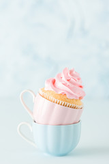 Cupcake with gentle pink cream decoration in two cups on blue pastel background.