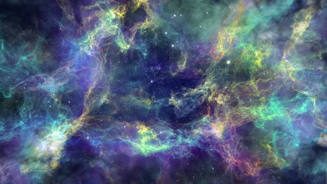 Looping space nebula gas with stars animation. Colorful evolving flow from from left to right. Cosmic abstract deep space background. In 4K and HD.