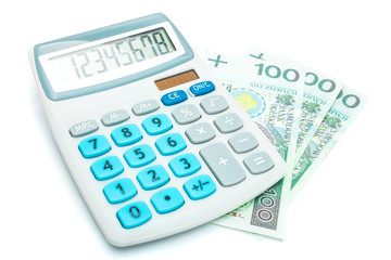 Calculator and 100 Polish Zloty banknotes on a white background