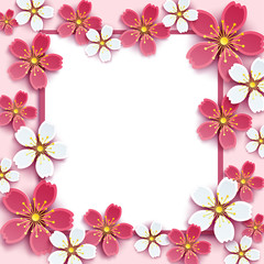 Fototapeta na wymiar Festive frame with pink and white 3d sakura