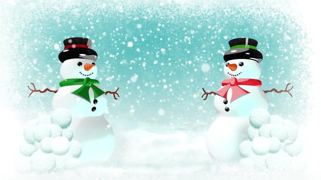Snowmen having snowball fight. Looping: The whole video loops, and also the first 10 seconds and 15 frames is a loop section. In 4K and HD.