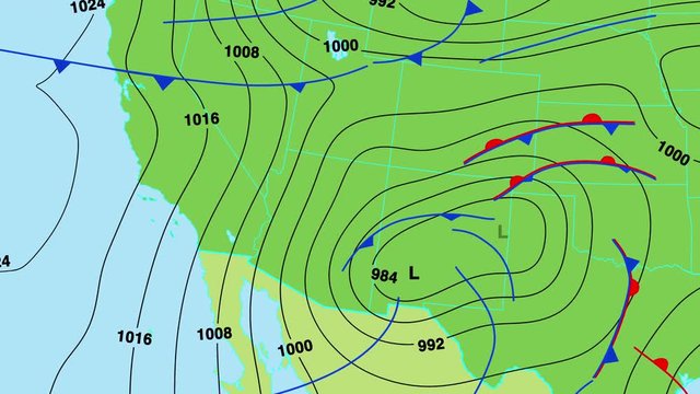 Animated weather forecast map of south west United States of America with isobars, cold and warm fronts, high and low pressure systems. In 4K and HD.