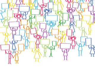 Vector illustration of protesting colorful stick figures, holding up blank signs isolated on white background