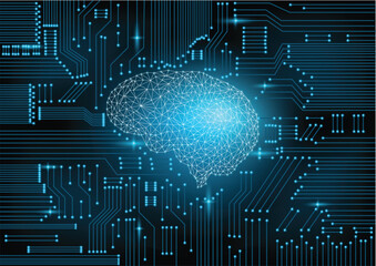 An Artificial Intelligence brain with circuit board is on learning process. Futuristic design concept. Abstract digital and technology background. Vector Illustration.