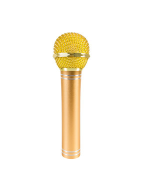 Gold microphone isolated on white background.