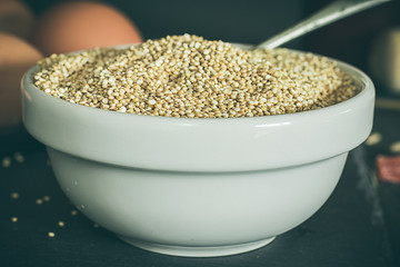 Bowl filled with Quinoa cereals. Perfect dish for vegetarians.Quinoa seeds