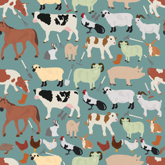 Vector seamless pattern with farm animals in retro style