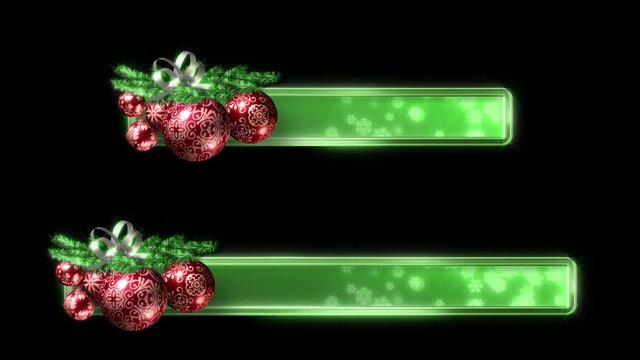 Looping Christmas banners or lower-thirds. Two sizes. Red, green. There is a luma matte (alpha channel) included at the end. Other colors in my portofolio. In 4K and HD.