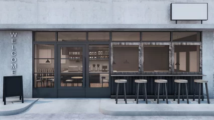 Crédence de cuisine en verre imprimé Restaurant Vue de face Cafe shop Restaurant design Modern Loft mur de béton en métal noir barre de siège avant - rendu 3D