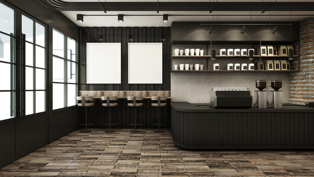 Cafe shop & Restaurant design Modern Loft counter steel black,side brick wall -3D render