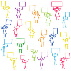 Vector illustration set of colorful protesting stick figures, holding up blank signs isolated on white background