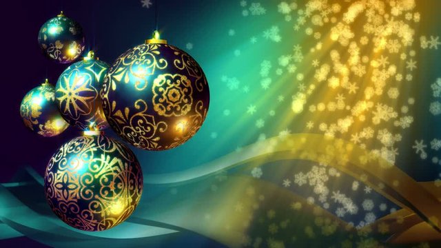 Christmas background loop. Rotating Christmas decorations and falling snowflakes. Teal blue, gold and purple. In 4K and HD.