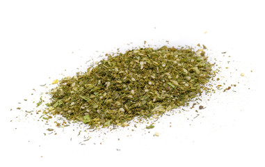 Bio organic falafel spice mix isolated on white background, dutch angle view