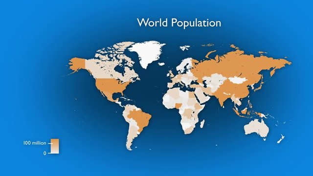 Animated map of world population by country. Two versions: One has a rising bar graph and text, the other has no legend or labels. In 4K and HD.
