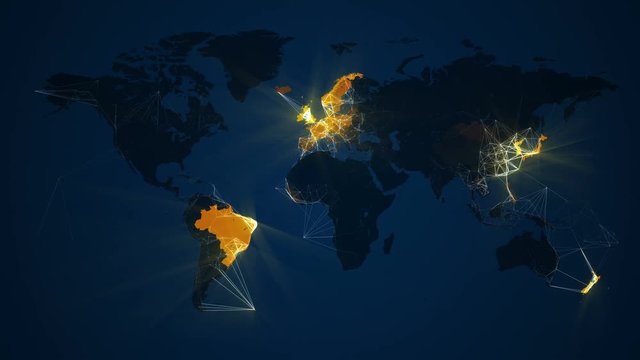 Loop animation of an illuminated world map. A network of lines connect cities. Countries light up in yellow on a dark blue background. Representing communication, transportation, internet etc.