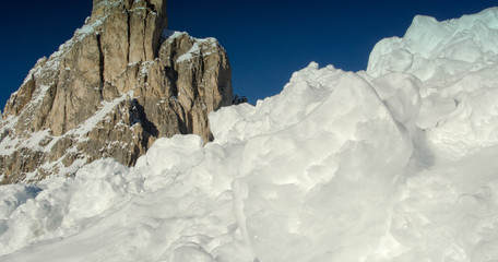 Snowy Landscape of Dolomites Mountains during Winter