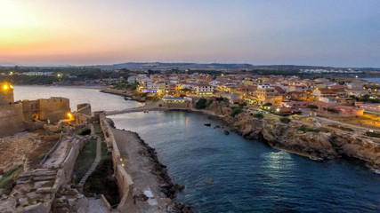 Obraz premium Aerial view of Aragonese Fortress at sunset, Le Castella - Italy
