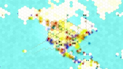 Hexagons world map loop. Connecting global network of lines and pulsing hexagons, in a honeycomb mesh. Light colors version. Representing communication, transportation, internet etc. 4K and HD.