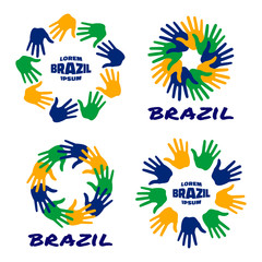 Set of colorful hand print icons using Brazil flag colors. Vector illustration. 