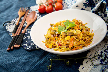asian food fried noodle on the table