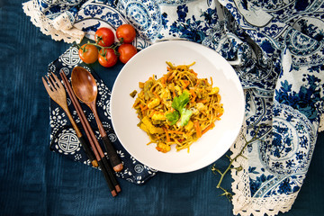 asian food fried noodle on the table