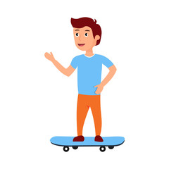 A smiling little boy skates on a skateboard 