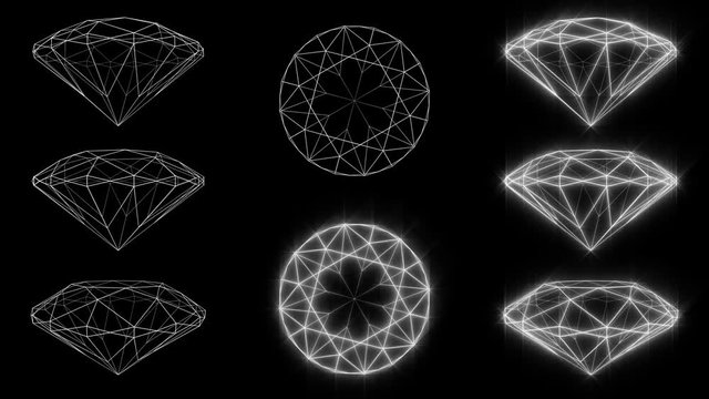 Set of 8 Diamond wireframe loops, rotating, from 4 angles: top, side, high and low angles. Versions with and without a sparkle/glow effect. White on black. "Round-brilliant-cut" diamond.