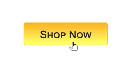 Shop now web interface button clicked with mouse cursor, orange color, online