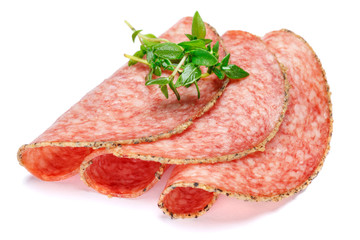 Italian Salami or spanish chorizo on white background