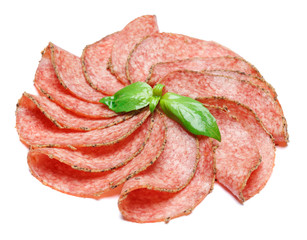 Italian Salami or spanish chorizo on white background