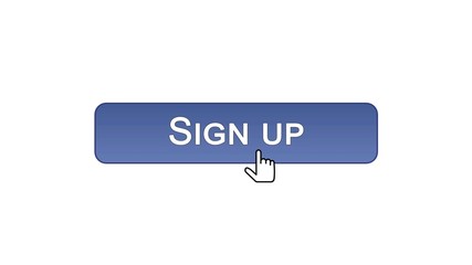 Sign up web interface button clicked with mouse cursor, violet color, online