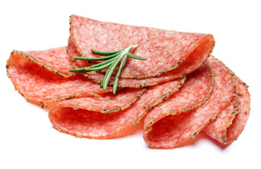 Italian Salami or spanish chorizo on white background
