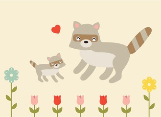mother and baby raccoon love and happiness soft pastel vector illustration
