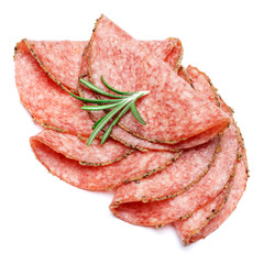 Italian Salami or spanish chorizo on white background