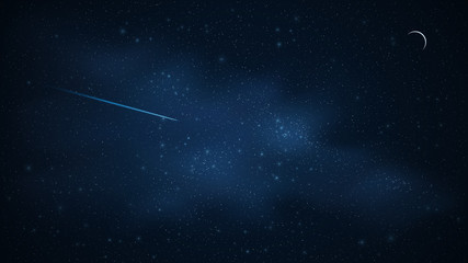 Realistic starry sky with a luminous blue milky way. Shooting star. Moon month. The meteorite is falling. Shining stars in the dark sky. Wallpaper for your project. Vector illustration © sersupervector