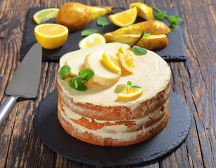 pear sponge cake with ingredients on table
