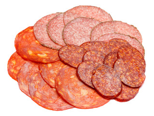Italian Salami or spanish chorizo on white background