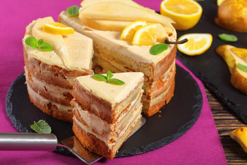 close-up of sliced pear sponge cake