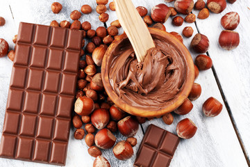 Homemade hazelnut chocolate spread in wooden bowl. Hazelnut Nougat cream