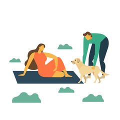 Happy family on picnic. Young man, woman and dog are resting nature. Vector illustration flat style.