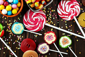 candies with jelly and sugar. colorful array of different childs sweets and treats.
