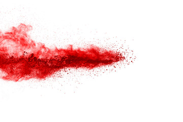Red powder explosion on white background. Colored cloud. Colorful dust explode. Paint Holi.